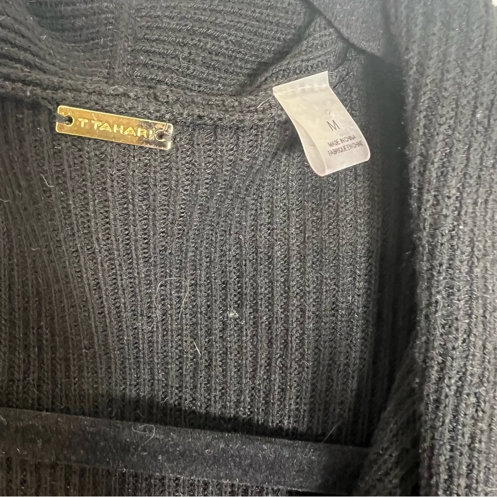 Tahari Black Ribbed Knit Tunic Length Open Front Cardigan Sweater Pockets Medi - Picture 3 of 7